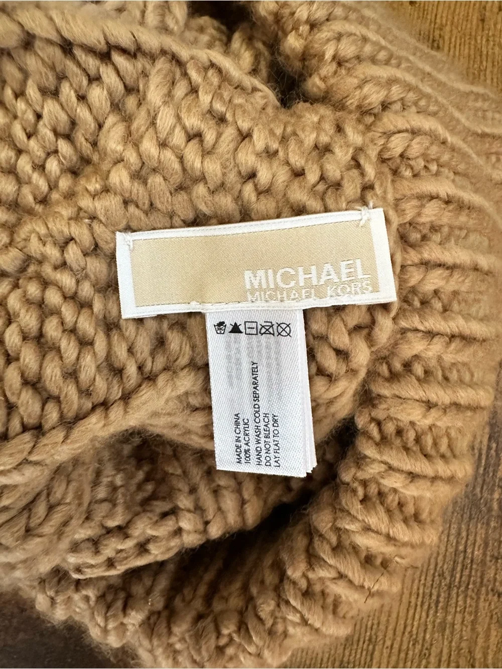 Michael Kors Camel Cable Knit Beanie with Branded Metal Tag